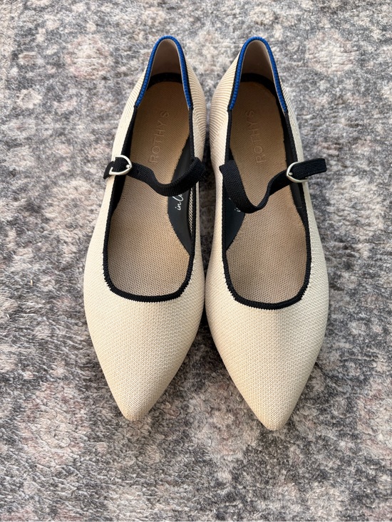 Rothy's Shoes - Rothy's Pointed Mary Jane Flats in Cream with Black Trim